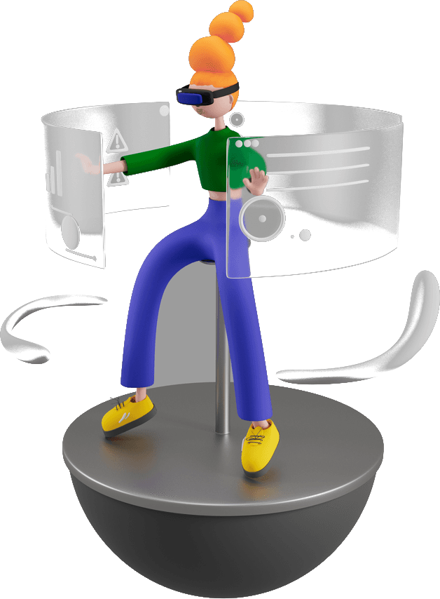 3D illustration of a person wearing a VR headset, reaching toward floating holographic data panels